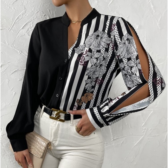 Elegant Striped Floral Print Long Sleeve Button Down Shirt Top Blouse White - Picture 14 of 16